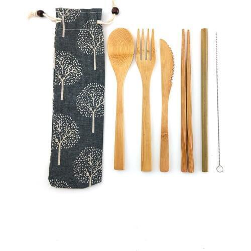 6Pcs/Set Zero Waste Bamboo Utensils Travel Cutlery Set Wooden Eco-friendly Outdoor Portable Cutlery Set For Kitchen Tableware