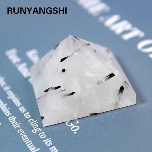 Runyangshi 3-5cm 1pc Natural Black hair quartz Crystal Polished pyramid Specimen Healing Black tourmaline ornament