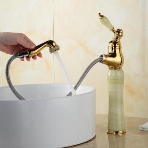 New jade and brass faucet gold finished bathroom basin faucet,Luxury sink tap mixer with pull out shower head pull-out water tap
