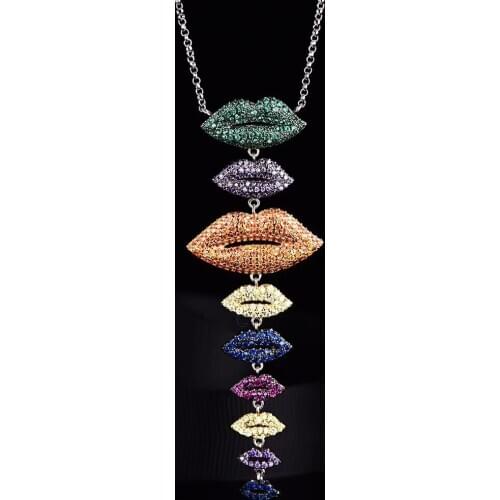 925 sterling silver Micro-crystal Neclace Multicolor lips necklace, double heart-shaped chain tail, color lips long necklace