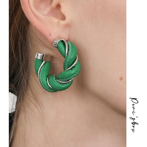 PerisBox White Black Chunky Leather Open Hoop Earrings Winter Big Statement Twisted Hoops Earrings For Woman Large Earrings