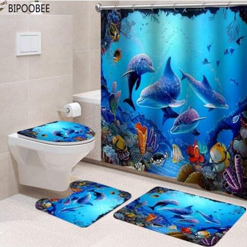Blue Ocean Sea 3d Shower Curtain Fish Dolphin Printing Bath Mat Bathroom Curtains Set Non Slip Carpet Pedestal Rug Home Decor