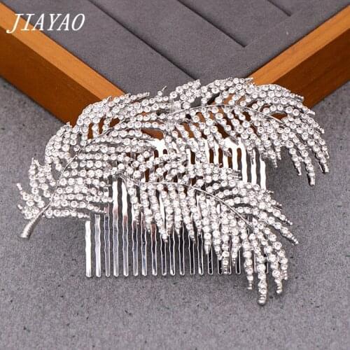 Rhinestone Feather Hair Comb Hair Accessories Women Headpiece Silver Color Rhinestone Feather Bride Hair Jewelry Ornament