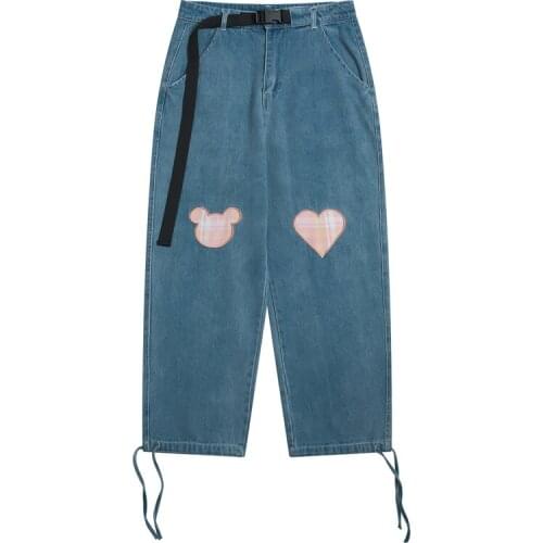 High-quality Womens Jeans Full Length Harlan Denim Pants Sashe Bear Patch Lace Up Cuff