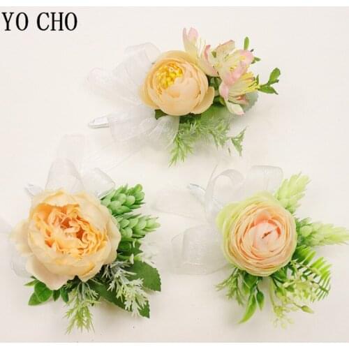 YO CHO Silk Fake Rose Wedding Corsages and Brooches Groom Boutonniere Buttonhole Woman Wedding Marriage Corsage Bracelet Flowers