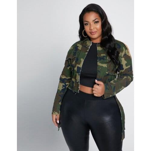 Camouflage Jackets Women Plus Size 5xl Long Sleeve Patchwork Outwear Coat With Stamp Chain Female