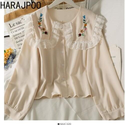 Harajpoo Women Shirts Retro Mesh Stitching Wood Ear Embroidered Doll Collar Female Autumn Loose Thin Long Sleeve Breasted Tops