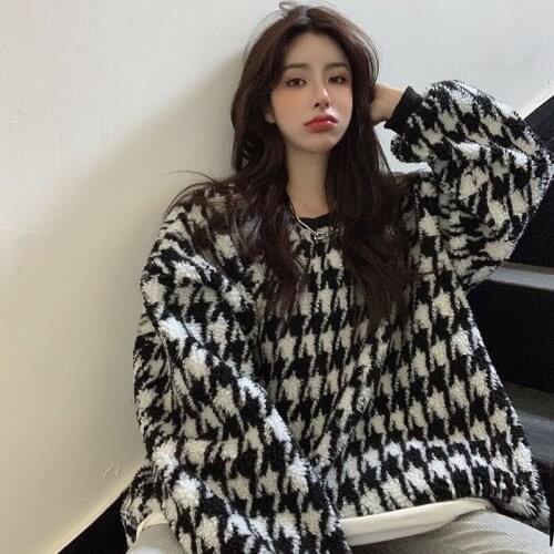 Women Hoodies Sweatshirts Sweater Womens Coat Autumn and Winter Houndstooth Loose Pullover Long Sleeve Top Ropa Mujer