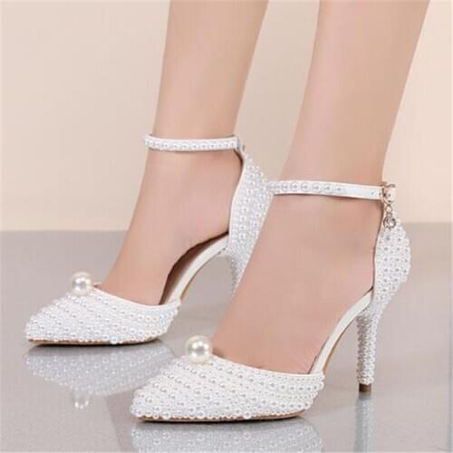 Women Pumps Brand Thin High Heels White Sequined Cloth Buckle Strap Pointed Toe Dress Office & Career Party Wedding Shallow
