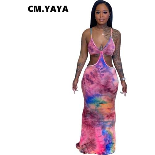 CM.YAYA Women Long Dress Tie Dye Sleeveless Strap V-neck Hollow Out Stretchy Bodycon Maxi Dresses Fashion Streetwear Summer 2021