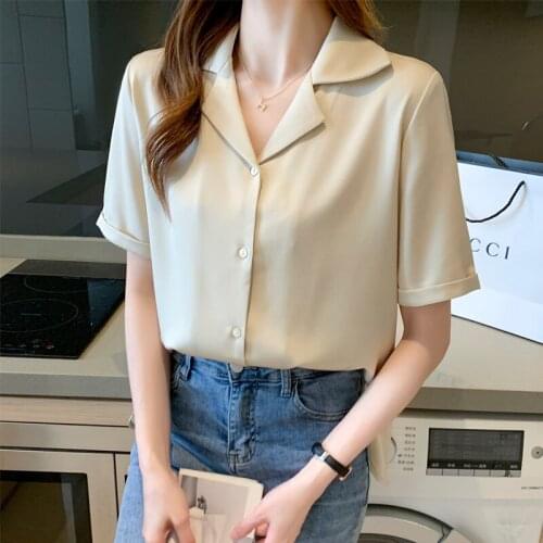 Apricot Satin Shirt Womens Top Blusas Mujer V-Neck Button Chiffon SHORT Dropshipping Solid Korean Fashion Female Blouse 0641