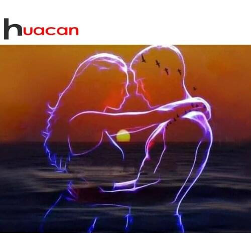 Huacan Full Diamond Mosaic Embroidery Couple 5d Diamond Painting With Square Rhinestones Portrait Sunset Home Decor
