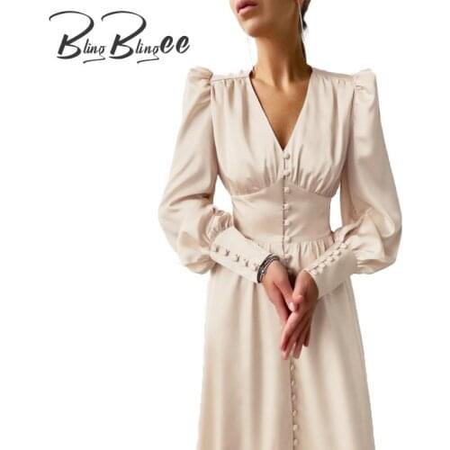 BlingBlingee Retro Puff Sleeve Satin Women Midi Dress 2021 Spring Button Front Corset Detail V Neck A-Line High Waist Dress