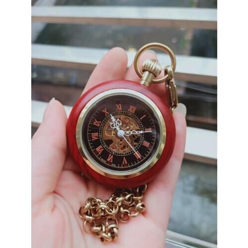 Red Wood Case Mechanical Pocket Watches Hand Wind Black Roman Dial Pocket Watch Vintage Gift Watches with Chain