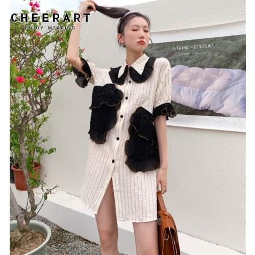 CHEERART High Fashion Texture Striped Button Up Shirt Dress Women Peter Pan Collar Short Sleeve Beige Designer Dress Summer