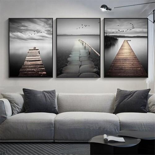 Black and White Poster Wood Bridge Birds Canvas Art Print Coastal Wall Painting Decoration Pictures for living Room Home Decor
