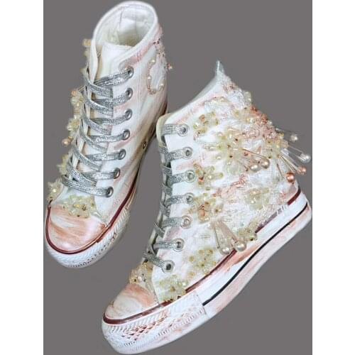 Fireworks Thailand Tide brand 2021 handmade beaded old pearl rhinestone lace-up womens inner raised canvas shoes