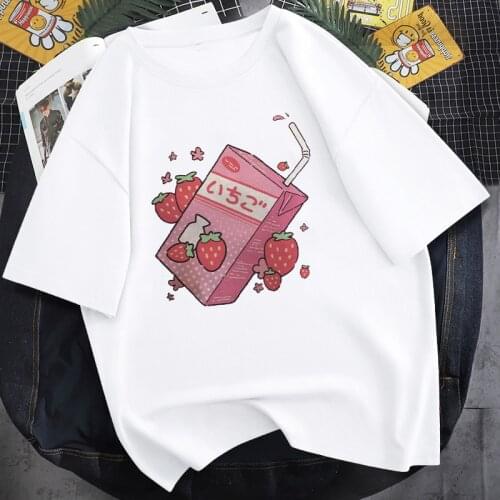 Japan Strawberry Juice Graphic Print T-shirt Women Harajuku Aesthetic White Tops Tshirt 2021 New Summer Fashion Female T Shirt