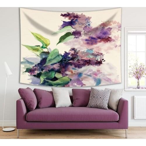 Tapestry Flowers Branch with Leaves Summer Nature Blooms Watercolor Painting Art Purple Green Beige