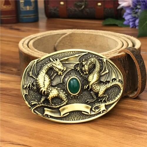 Brass Dragon Cowboy Belt Buckle Leather Belt Men Jeans Metal Waist Belt Leather Strap Man Ceinture Homme Wide MBT0077