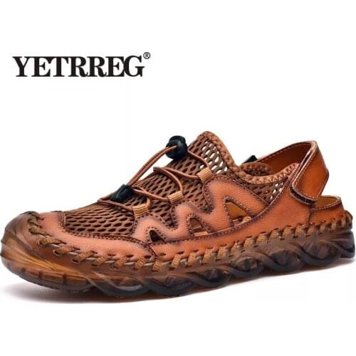 Summer Mesh Men Sandals Breathable Genuine Leather Casual Shoes Handmade Outdoor Mens Slippers Men Beach Sandals Plus Size 38-46