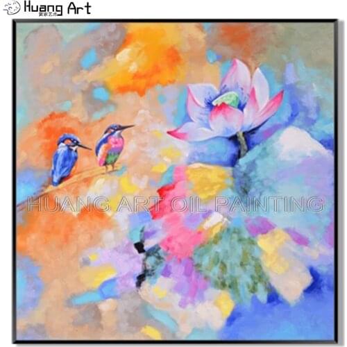 New Arrivals Handmade Modern Rich Colorful Lotus Oil Painting Bird Painting on Canvas for Home Decor Wall Art Landscape Picture
