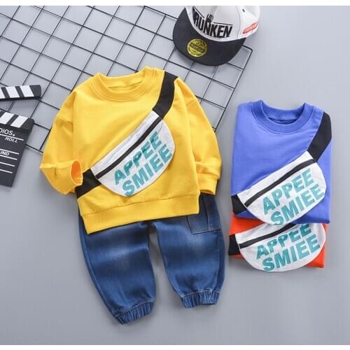 Boys Autumn Clothes Cotton Casual Fashion Costume Tracksuit Children Print For Kids Toddler T-Shirt Denim Pants 2 Pcs/Suits