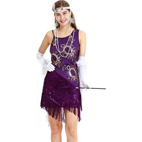 1920s Flapper Dress Embroidered Vintage Nightclub Wear One-Shoulder Brace Sequins Ballroom Fringes Dresses