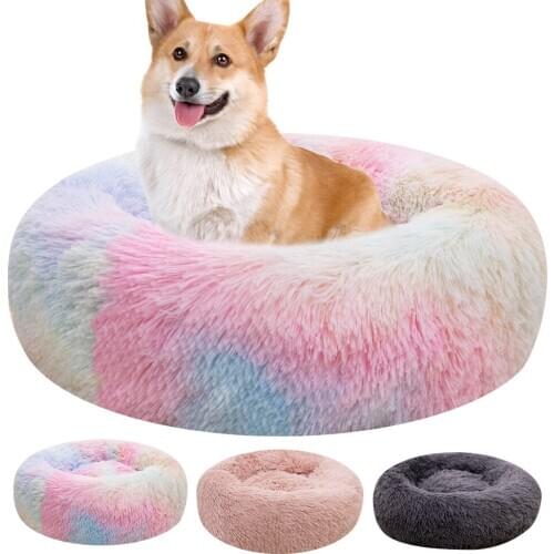 Plush Dog Calming Sleep Bed Small Medium Colorful Round Dog Sofa Cat Litter Cat Room Mattress Warm Puppy Dogs Kennel Pet Supplie