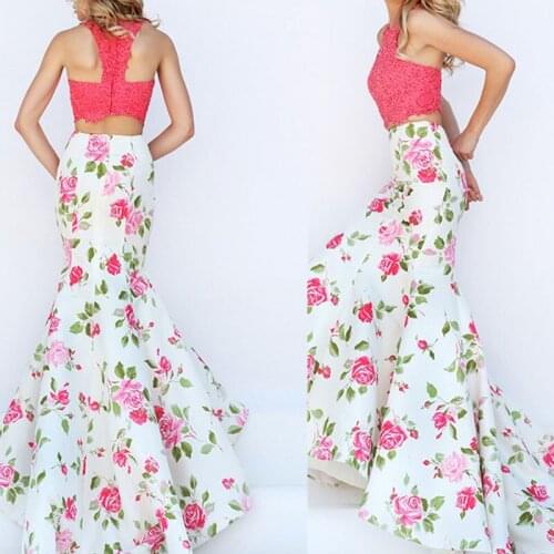 Stunning 2 pieces long floor length taffeta print halter thin straps prom dress mermaid and mermaid evening party dress