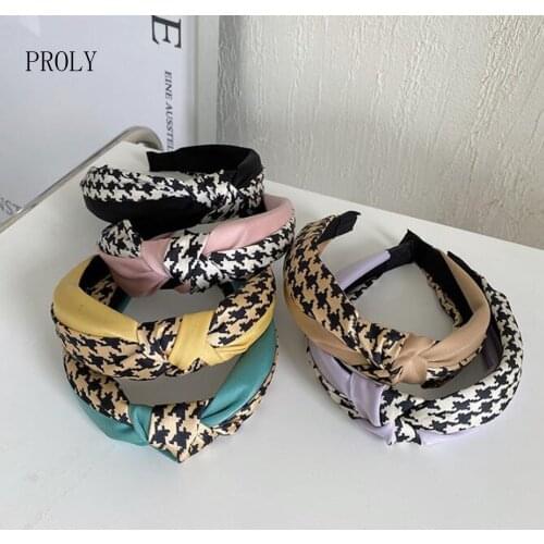 PROLY New Fashion Adult Headband Wholesale Two Colors Patchwork Classic Houndstooth Hairband Turban Women Hair Accessories