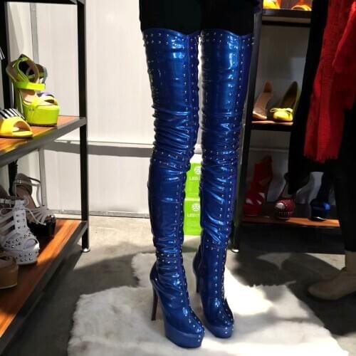 Sexy Ladies Rivets Studs Shiny Leather Over the knee Boots High Heel Platform Female Thigh high Boots Knight Botas Stage Botte