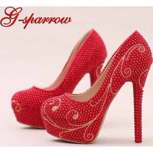2021 Newest Designer Red Color Wedding Shoes Imitation Pearl Gold Rhinestone Bridal Dress Shoes Gorgeous Adult Ceremony Pumps