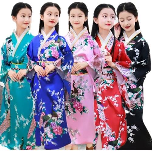 Robe traditionnelle japonaise pour filles, 8 couleurs, Kimono asiatique Obi, imprimé paon en soie, manches longues, mode