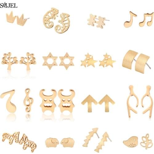 SMJEL 2019 pendientes Rock Music Stud Earrings for Women Men Map Sheep Bird Earrings Ear Gold Color jewelry HOT SALE