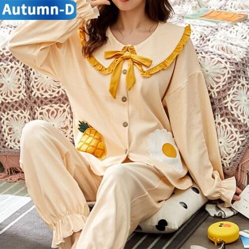 Women Pajama Sets Long Sleeved Autumn Winter Sleepwear Cartoon Cotton Home Clothes Nightie Pijama Trouser Suit Female Nightgown