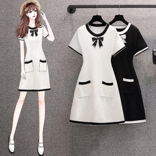 EHQAXIN Plus Size Womens Knitted Dresses Summer Sweet Diamond Bow Knot Mid-Length Pleated Dress Ladies With Pockets L-4XL