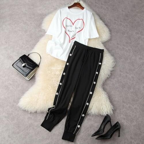 Women casual two piece outfits summer 2021 designer runway fashion print white t-shirts and diamonds beading sweatpants twinset