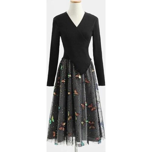 Patchwork Women Knitted Dress Autumn Winter Elegant Mesh Embroidery Midi Dress V Neck Vintage Black Dresses 2021 Ladies Clothes