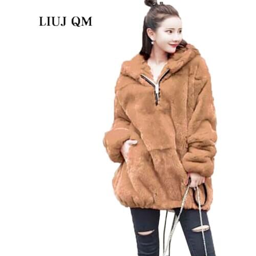 Winter Fur Coat Women Thick Warm Faux Fur jacket Sweatshirt Loose Oversized Hooded Pullover Plush Coat Winter Fur Jackets