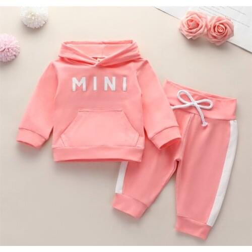 Spring and Autumn Childrens Sportswear 100% Cotton Suit Female Baby Letter Long-Sleeved Hoodie + Sweatpants Suit