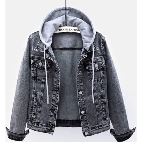 Denim Jacket Womens Short 2021 Autumn New Product Hooded Detachable Black and Gray Long-sleeved Jacket All-match Slim Top