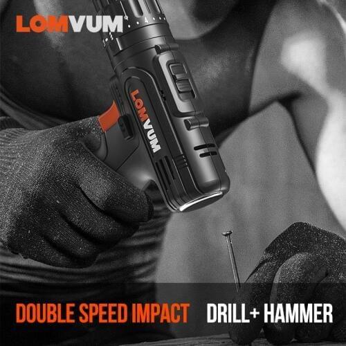 LOMVUM Electric Drill Hammer Rechargeable Lithium Battery Double Speed Cordless Screwdrivers Impact Drill Furadeira Power Tools