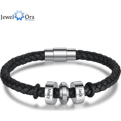 Personalized Stainless Steel Black Leather Bracelets with 2 Custom Name Beads Retro Jewelry Men Bracelets Fathers Day Gift