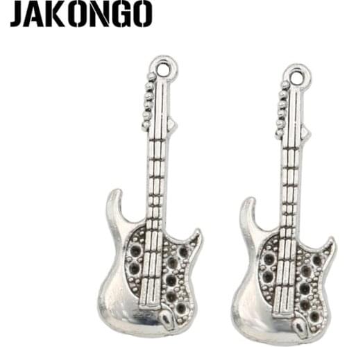 JAKONGO Antique Silver Plated Guitar Music Charm Pendant for Making Bracelets Jewelry Accessories Craft DIY 37x13mm 10Pcs/lot