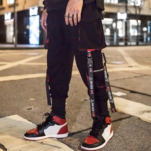 European and American hip-hop overalls male Korean version of the streamer Harajuku tactical pocket ribbon casual sports pants