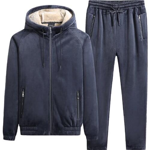 Newest Men 2 Piece Sets Fleece Tracksuits Winter Thicken Hoodie Sweatpants Set Male Zipper Hooded Sportswear Suit Men Clothing