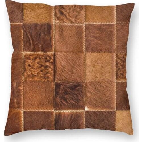 Brown Checkered Cowhide Patche Pillow Case Home Decor Square Animal Fur Leather Texture Cushion Cover 45x45 Pillowcover for Sofa