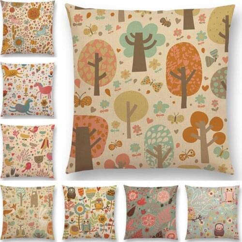 Cute Animals Elephant Owl Horse Rabbit Bits Pieces Flowers Forest Retro Christmas Good Cushion Cover Sofa Nice Pillow Case