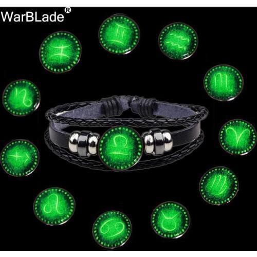 WarBLade 2018 New Sagittarius/Aquarius 12 Constellation Bracelet Men Women Glow Luminous Braided Leather Bracelets & Bangles
